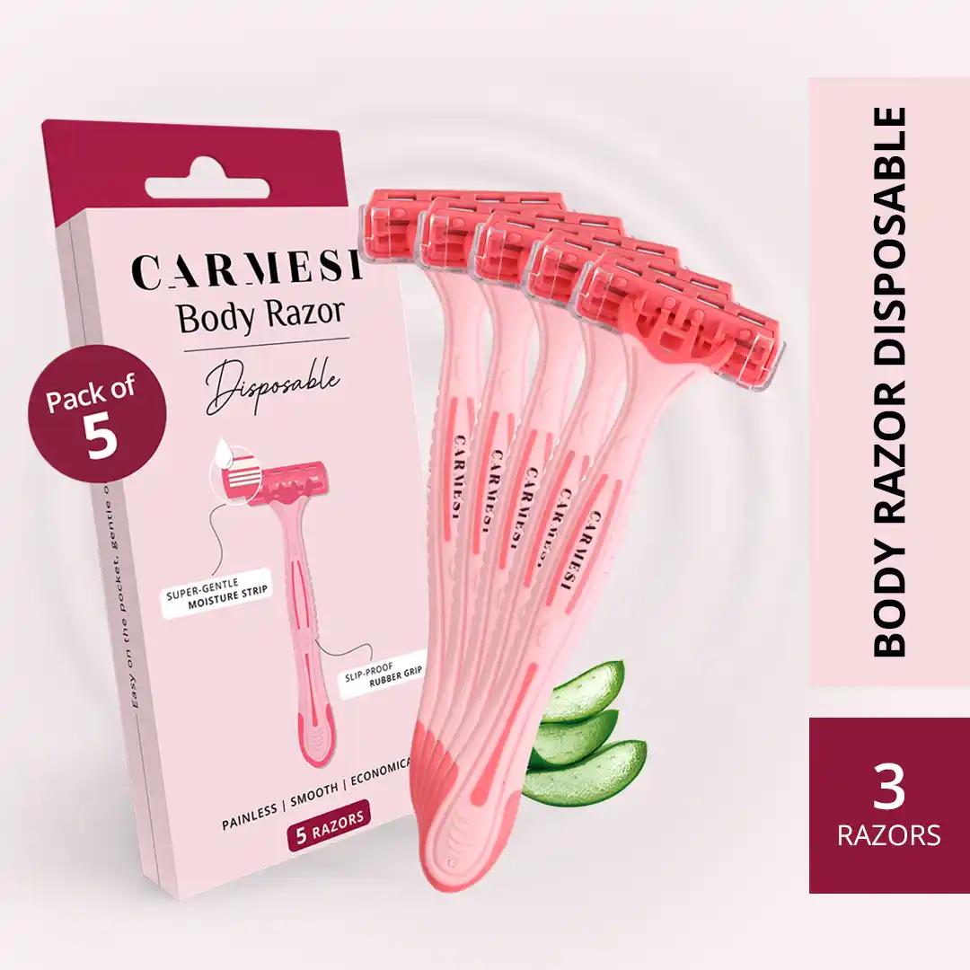 Carmesi Disposable Body Razors for Women - Pack of 5 | Aloe Vera & Vitamin E Moisture Strip For Smooth & Painless Hair photo